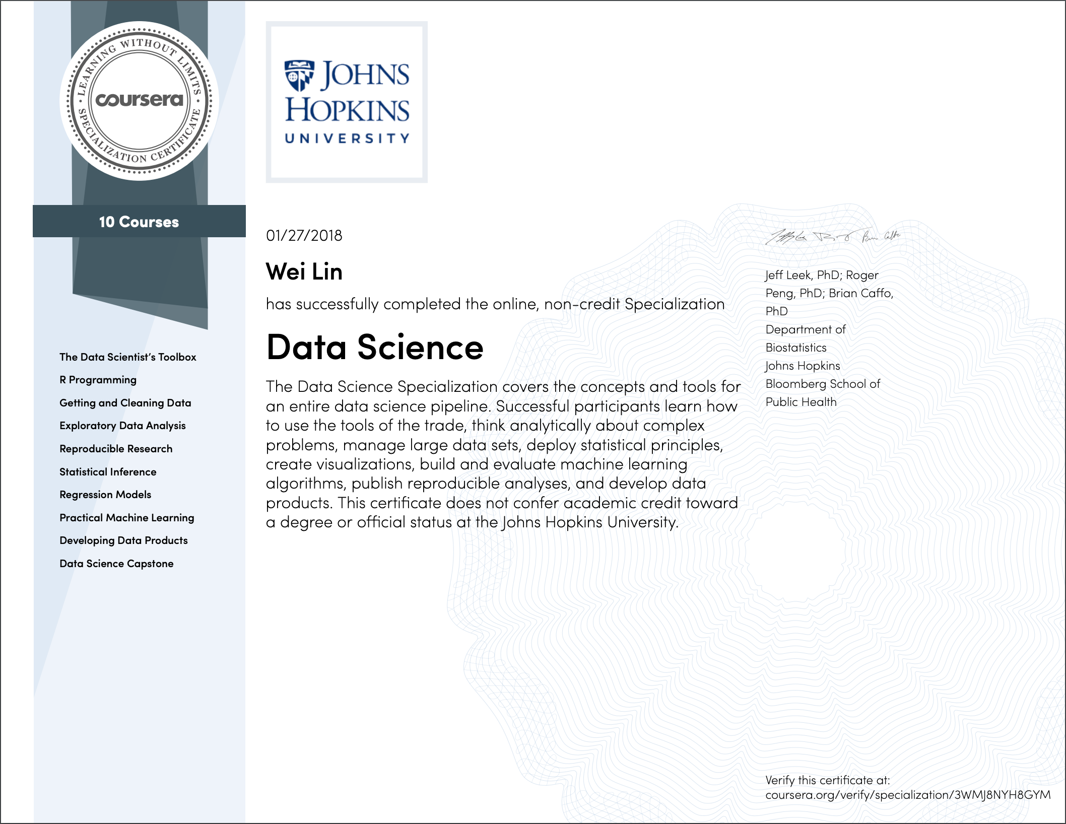 Johns Hopkins University Data Science Specialization Certificate